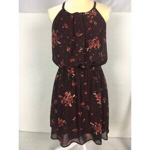 Maurices Dress Women Size M Brown w Pink Red Flowers Sleeveless Elastic Waist